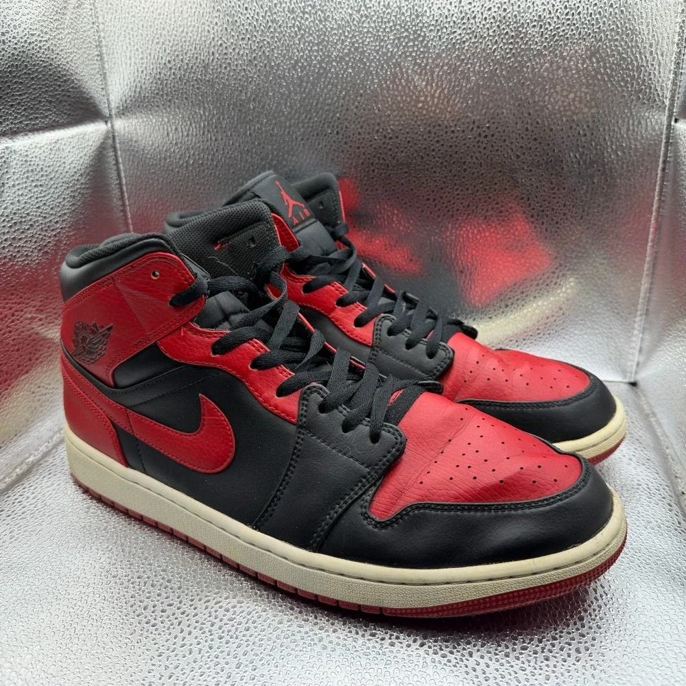 Size 13 Air Jordan 1 Mid Banned Black University Red Mens Sneakers 554724-074